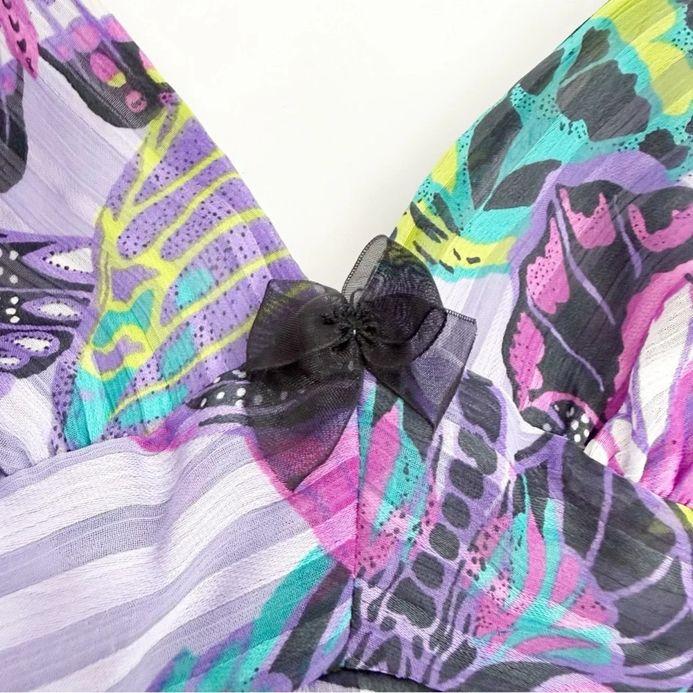 Betsey Johnson Intimates Butterfly Print Satin Chemise Slip Open Tie Back Purple